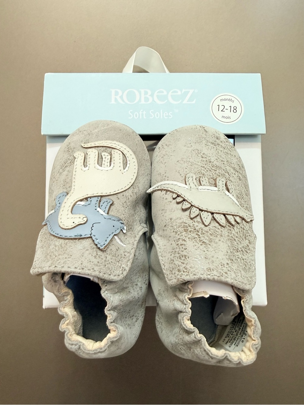 Robeez Gray Baby Dinosaur Soft Soles - Size 12-18 Months